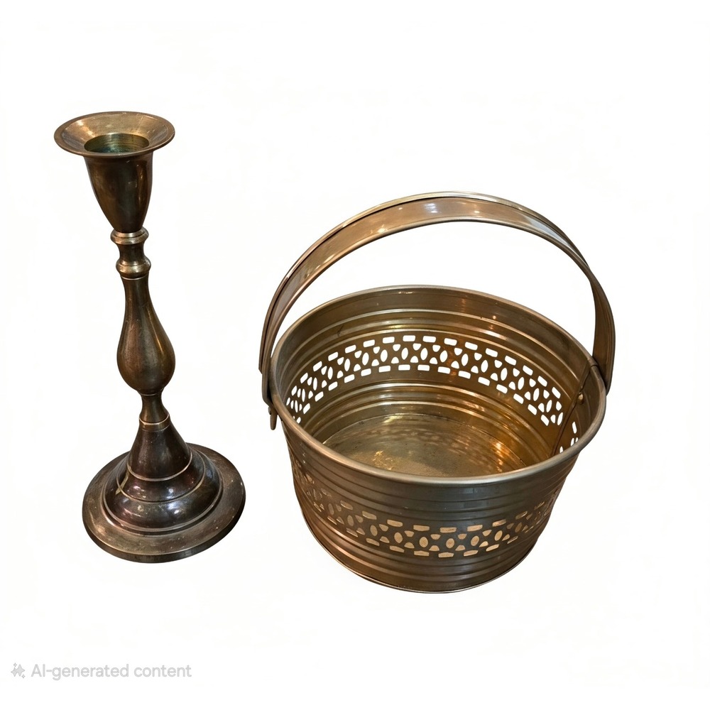 Vintage Solid Brass Candlestick and Perforated Basket Set Decor Made in India